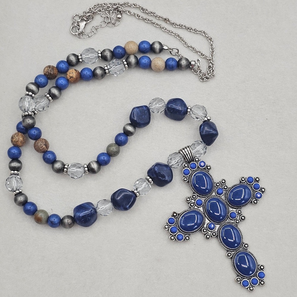 Cross Necklace Blue Marbled Bead Ornate Statement Silver Tone Religious Faith